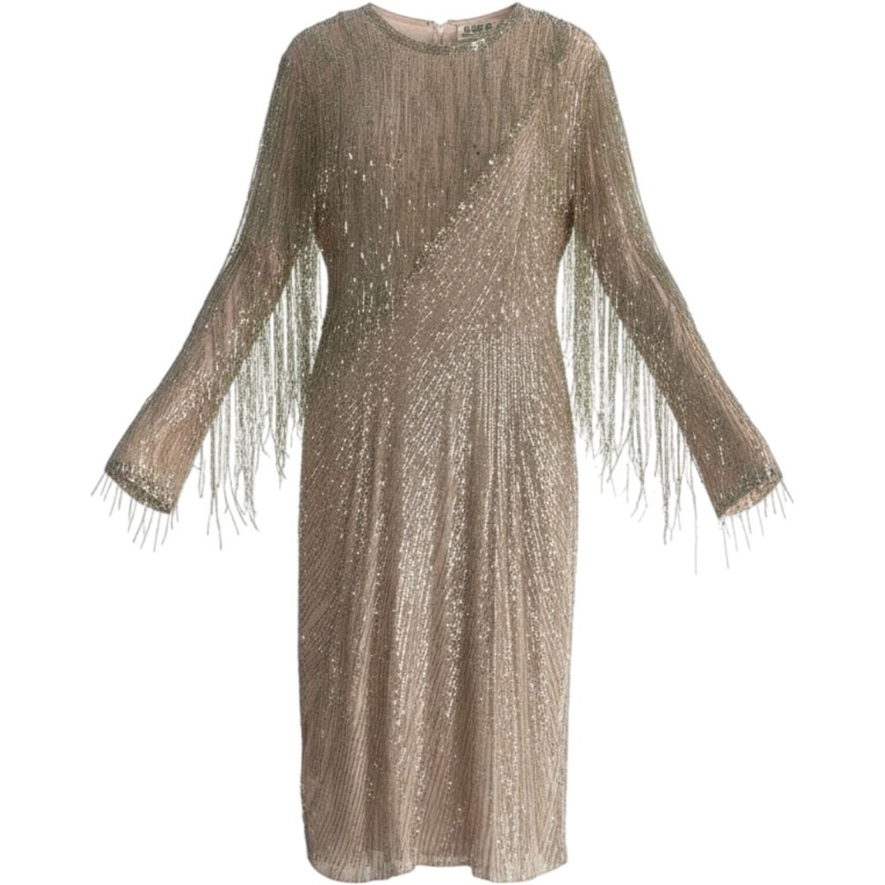 Black Tie Silk Beaded Fringe Dress Womens 6 Champagne Excellent Vintage Gala